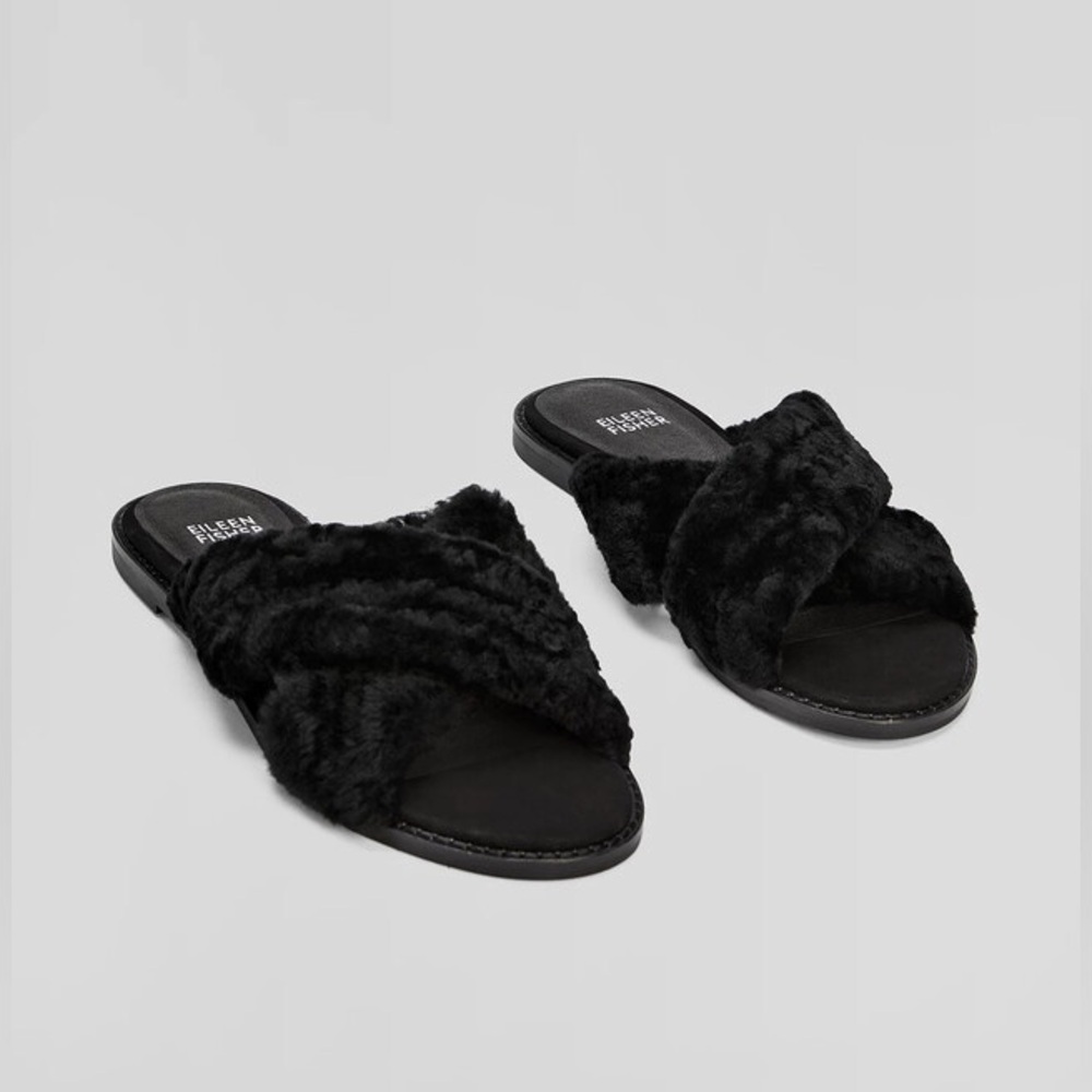 Eileen Fisher Black Faux Fur Slippers Size 7.5
